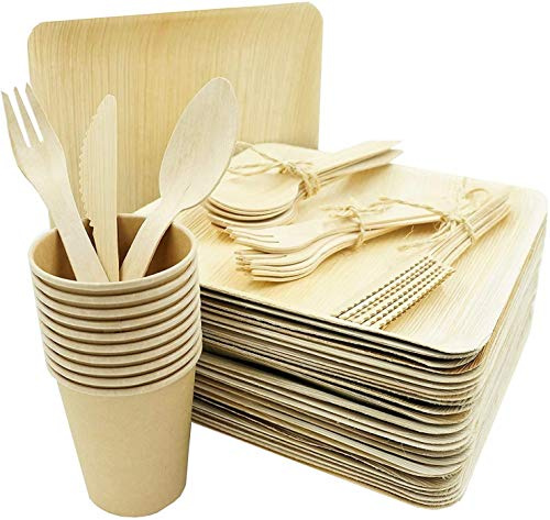 BOX And Tree| 125 Pièces Vaisselle Jetable en Palmier 25x Assiettes, 75 Couverts en bois bambou -25 Gobelets Alternative aux Assiettes en Plastique | Aspect Bois Naturel, Style Bambou |