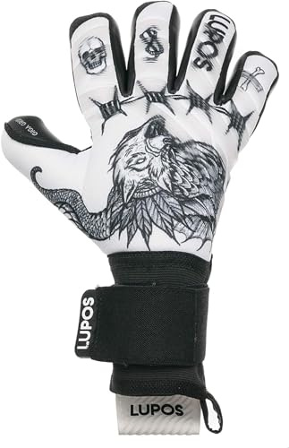 Lupos Guantes de Portero para adultos y niños, corte negativo, palma de 4 + 3 mm, palma de malla con impresión digital y tiras de silicona inyectadas transparentes.