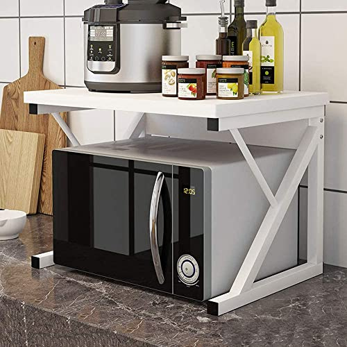 Menaka 2 Tiers Microwave Oven Shelf Stand for Countertop, Kitchen Spices Storage Rack Unti Shelving Desktop Printer Rack Free Standing for Home Office Metal Frame with Wood Tabletop
