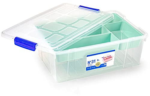 Acan Tradineur - Caja de plástico con tapa y bandeja Nº31, transparente, cajón de almacenaje, ordenación, almacenamiento objetos, 9 litros, 37 x 26 x 14 cm, bandeja en color aleatorio