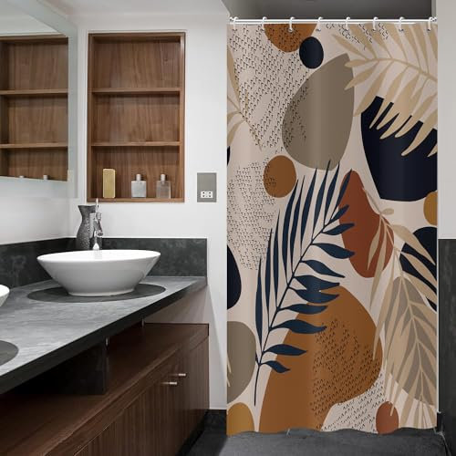 ASDCXZ Cortina de Ducha de Hojas Abstractas Delgada 120x180 cm, Mediados Boho Marrón Palmera Minimalista Pequeñas Cortinas de Ducha Lavables Tejido de Cortina Ducha de Baño Impermeable con 8 Ganchos