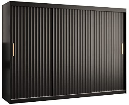 Mirjan24 Kleiderschrank Kirtan Wave I, Schwebetürenschrank mit 2 Kleiderstangen, Schiebetürenschrank mit für Schlafzimmer, Schlafzimmerschrank, Garderobenschrank (Modell 250, Schwarz/Schwarz)