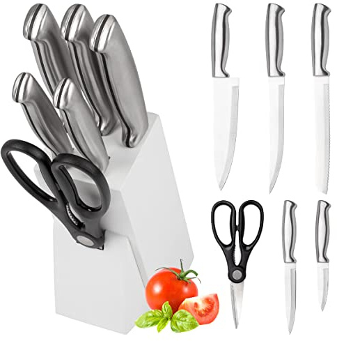 Classbach bloque de cuchillos cuchillos - 7 piezas | incl. tijeras de cocina, juego de cuchillos de cocina con hojas de acero inoxidable | 5x cuchillos afilados + tijeras | C-MBS 4018 blanco