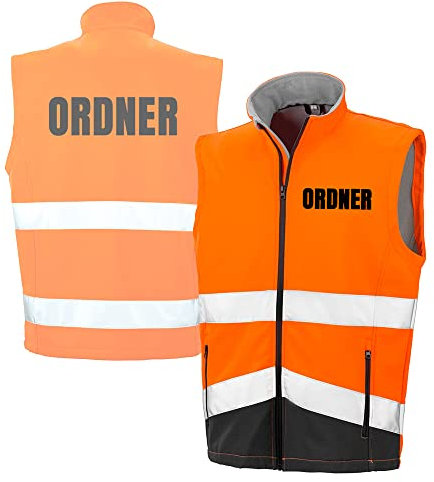 Fassbender-Druck WARNWESTEN - ORDNER Sicherheitsweste ORANGE aus Softshell - ORANGE Warnweste nach EN ISO 20471 zertifiziert - Unisex und hochwertigem Reflektorstreifen (Gr. 4XL)