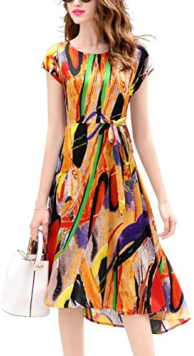 E-girl Gelb Seide Damen Kleid Kurzarm Bindegürtel Elegant Seidenkleid Rundhals Midi Freizeitkleid Bedrucktes Irregulär Sommerkleid,34,E9999