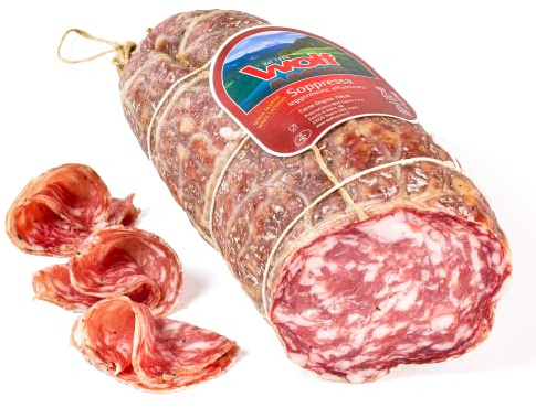 Wolf, Soppressa, Halb 1/2, Leicht geräuchert mit Buchenholz, Sorgfältig ausgewähltes Schweinefleisch, Glutenfrei, Vakuumverpackt, 800 g (mind. Nettogewicht garantiert)