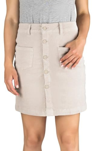 DENIMFY Cordrock Damen Midi Herbst Cord Stretch DFAlina A-Linie Midirock Knielang Taschen Knöpfe Rock Skirt, Größe:M, Farben:Light Sand (60200)