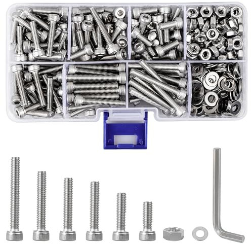 Roosea 451 Stück M4 Edelstahlschrauben Set Zylinderschrauben mit Innensechskant Schrauben Muttern Set 304 Edelstahl Sechskantschrauben mit Muttern und Unterlegscheiben Set 10/14/16/20/25/30 mm