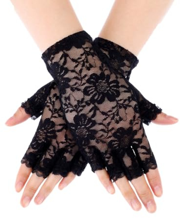 Yurosiay 1 Paar Damen Kurz Spitzenhandschuhe Blumen Fingerlose Spitzenhandschuhe Sommer Sonnenschutz Handschuhe Elegant Spitzen Halbfinger Handschuhe für Hochzeiten Abend Party 8.5×16.5cm Schwarz