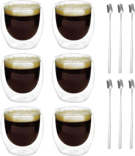 Juego de 6 tazas de café con doble pared, 80 ml, vasos de doble pared con 6 cucharas, capuchino