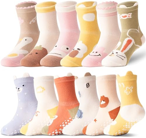 ANTSANG Stoppersocken Kinder für Mädchen Jungen Kleinkind Greifer Socken, Crew Baumwolle Antirutsch, 12 Paar(22-24, Spaßtier)