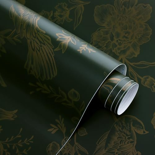 CiCiwind Self Adhesive Wallpaper Green Gold Floral Contact Paper 44×300CM Peel and Stick Wallpaper Waterproof Sticky Back Plastic Flower Bird Stick on Wallpaper for Living Room Bedroom Wall Cabinet