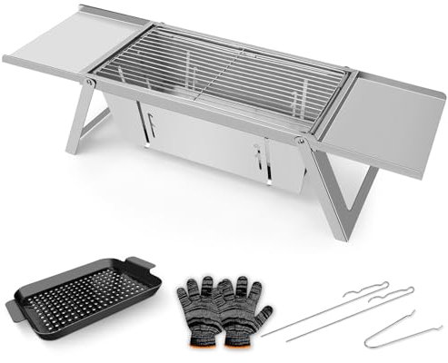 E EASTSTORM Barbecue Grill Klein Edelstahl Holzkohlegril Klappgrill Tragbar Picknickgrill Portable für Outdoor Garten Party 54×21×17.5CM