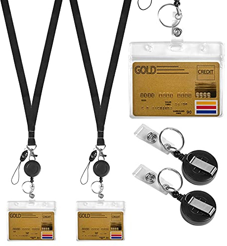 2 Stück Ausweishüllen mit Retractable Schlüssel, ID Kartenhalter mit Extra Starker Feder und Reißfester Schnur Gürtelclip und Hartplastik Ausweishalter Wasserdicht Ausweishüllen für ID Badge Schwarz
