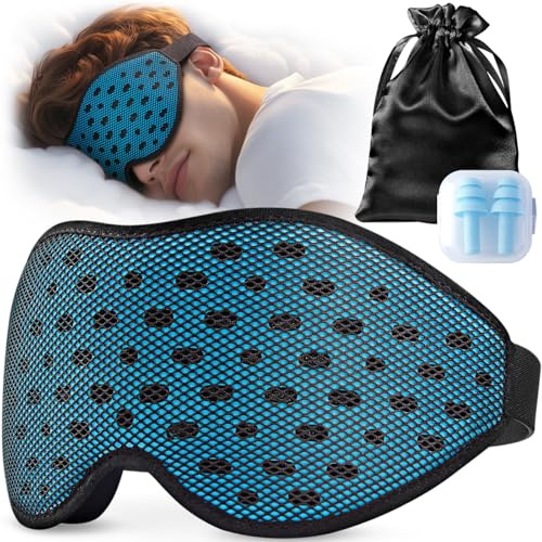 Umisleep Atmungsaktive 3D Schlafmaske für Seitenschläfer, Bequeme, Leichte Schlafbrille für Herren Frauen, mit Aufbewahrungstasche & Ohropax für Flugzeug, Reise, Büro, Blaue