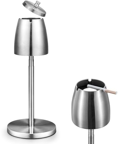 WANDGU Cenicero de pie de acero inoxidable: Cenicero de altura ajustable con base antideslizante, altura extensible 34 – 65 cm, cenicero resistente al viento con tapa para exterior e interior zonas de