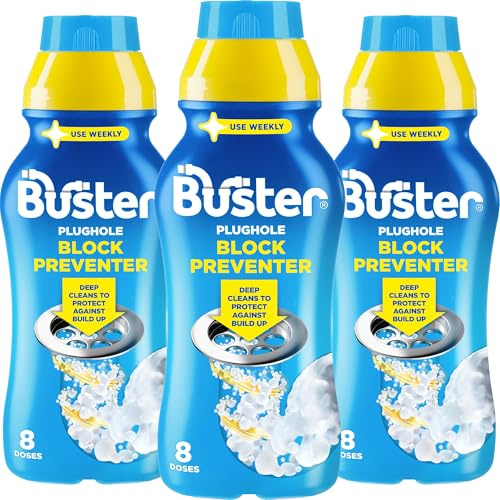 Buster Plughole Block Preventer and Drain Cleaner (Pack of 3 x 500ml) Prevents Blockages and Build-Up in Bathroom and Kitchen Pipes, Fast-Acting Drain Unblocker Removes Bad Odours - Made in UK