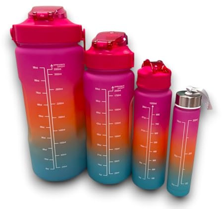 Generico Set 4 Borracce Sportive in Policarbonato 300ml, 1L, 2L, 3.3L Bottiglia Acqua con Segni di Misurazione, Senza BPA Antigoccia con Coperchio Ermetico Nero Rosa Fucsia (Fucsia)