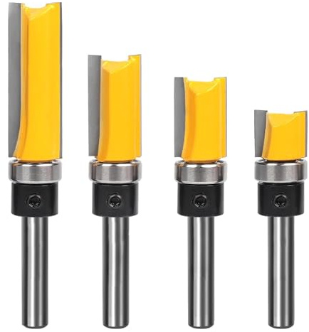Pattern Flush Trim Bit 4 Pcs Router Bits,Top Bearing Flush Trim Bits Set,1/4 Inch Shank ,Cutting Length 1/2, 3/4, 1, 1-1/2,Template Guide Woodworking Milling Cutter Tool