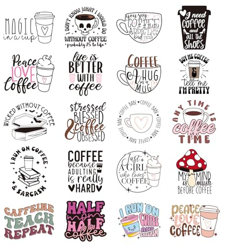 INCOK 20 hojas de transferencia para planchar de café, divertidas transferencias DTF de calavera listas para presionar, calcomanías coloridas de hongos para planchar, diseño de vinilo para ropa