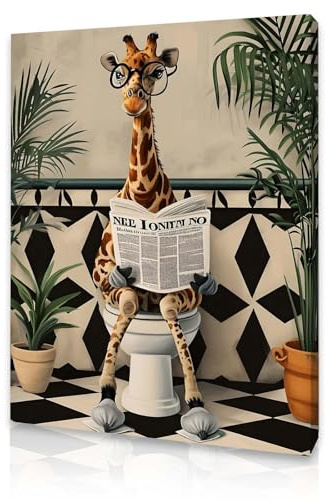Qiukoo Wall Art Funny Giraffe Toilet Print – Framed Canvas Artwork for Bathroom Pictures and Decor, Waterproof Toilet Wall Art with Frame and Hanging Hooks, 12x16 Inch