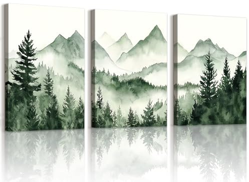 WENGTIAO 3 Pièces Aquarelle Montagne Forêt Tableau Decoration Murale Encadré Toile Peinture Nature Arbre Brumeux Montagne Decoration Murale Salon Maison Deco Chambre 40x60cmx3