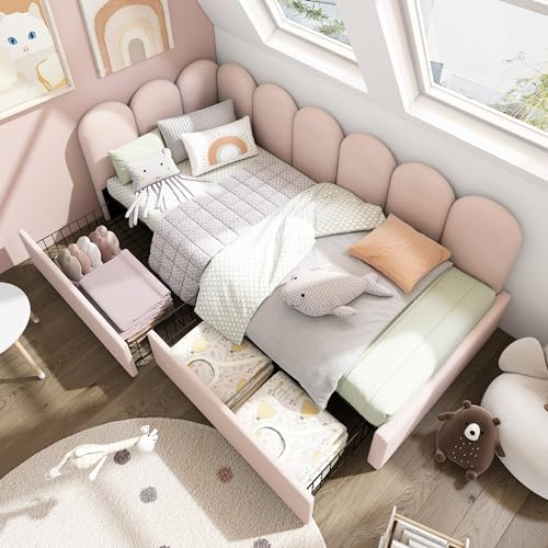 TOBIDOEN Einzelbett Jugendbett 90x200 mit Große Lagerung Schubladen, Polsterbett Kinderbett Schlafsofa mit Lattenrost, Einfache Montage, Samtstoff, Ohne Matratze (Rosa, 90x200 cm)