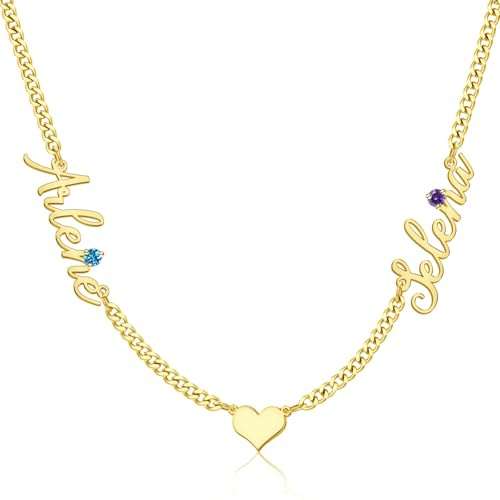 TERRALIX Personalisiertes Geburtsstein Namenskette für Mama - 18K Gold Schmuck Handmade mit Kindernamen - Zartes Halsband & Herz-Anhänger - 2 Halsketten Set - Geschenk zum Muttertag