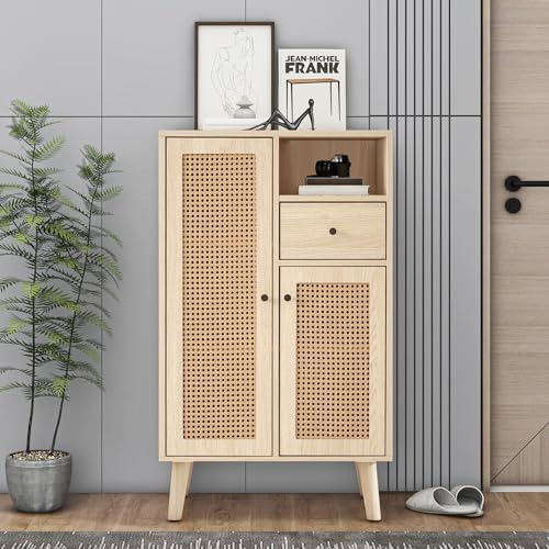 LINKHOO Buffet Aspect Bois, Armoire d'angle, Commode, Armoire sur Pied, avec Grand Espace, 2 Portes en rotin, 1 tiroir, Charge maximale 60kg, 60 * 40 * 101 cm, chêne