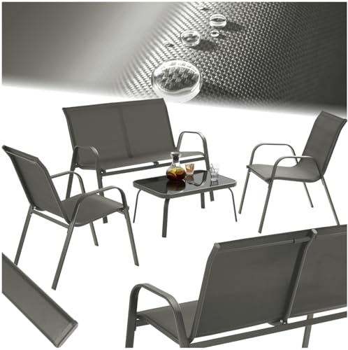 tectake® set salotto da giardino 4 pezzi, set giardino esterno con 2 poltrone, 1 divano 2 posti, tavolino, piano in vetro, textilene traspirante e idrorepellente, struttura in acciaio - Antracite