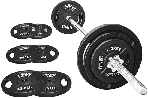 Fitvids Juego de pesas de barra de hierro fundido de 1 pulgada, incluye barra de pesas estándar de 5 pies y cerraduras de estrella, juego de 45 libras (placas de 35 libras + barra de barra de 10