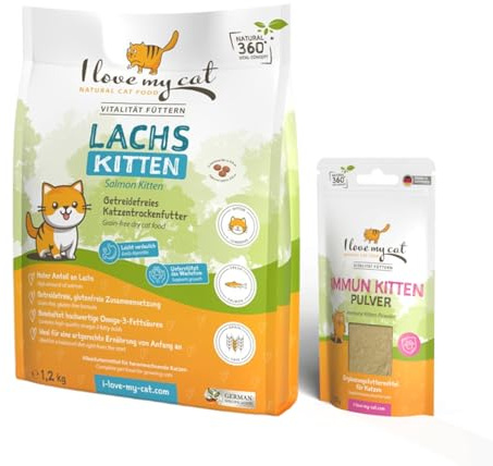 I Love My Cat Sparset zur natürlichen Unterstützung der physiologischen Funktion des Immunsystems von Kätzchen: Trockenfutter mit Lachs und Immun Kitten Pulver