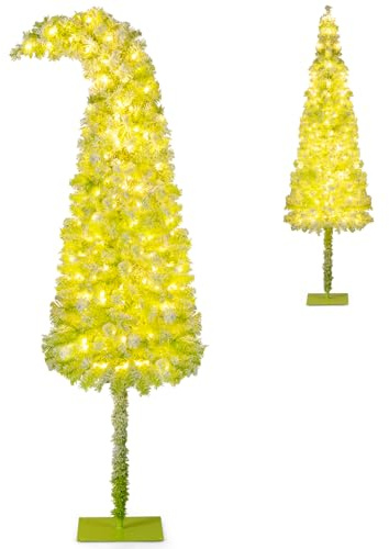 LIFEZEAL Künstlicher Weihnachtsbaum mit Beleuchtung, Flexibler Kunstbaum Christbaum mit grünem Schnee, Tannenbaum mit warmweißen Lichtern, Weihnachtdecko für Zuhause (150 cm)