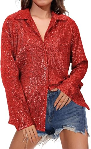 Blazer Lentejuelas Mujer Blazer Lentejuelas Brillo Cárdigan Manga Larga Fiesta Ropa Blusa Otoño 2#Rojo S