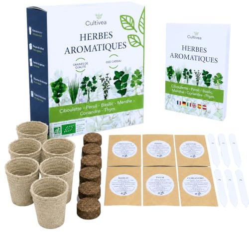 Cultivea® Kit Herbes Aromatiques Intérieur – 6 Plantes à Faire Pousser (Basilic, Menthe, Persil, Thym, Ciboulette, Coriandre) – Potager Intérieur Prêt à Planter - Idée Cadeau Originale