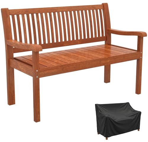 Outsunny Banco de Jardín de Madera, Banco de Exterior de 2 Plazas con Funda Impermeable, Respaldo Ergonómico, Reposabrazos, Carga 240 kg, para Patio, Terraza, 125x62x90 cm, Marrón Claro