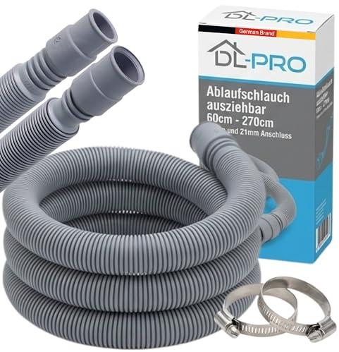 DL-PRO Ablaufschlauch ausziehbar 60-270cm | 19mm & 21mm Anschluss | Waschmaschine Geschirrspüler | inkl. 2 Edelstahl-Schlauchschellen | Temperaturbeständig bis 100°C