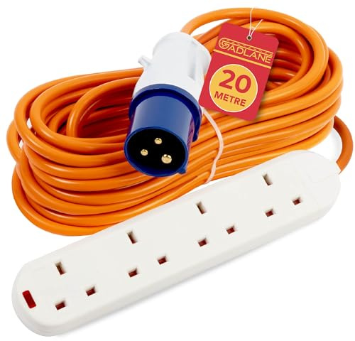 GADLANE Camping Electric Hook Up Cable - Heavy Duty 20 Metre, 4 Gang Electric Hook Up for Camping, Mobile Homes, Refrigerated Vehicles - High Visibility 16A Caravan Extension Lead (20M)