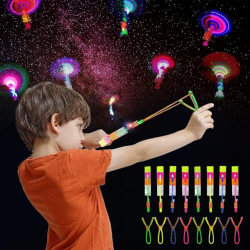 VorPrillynt 8pcs LED Luminosa Flying Giocattoli, Elicottero Volare Giocattolo, Giocattoli a Fionda Illuminati, Flying Lanciatore, Slingshot Razzo per Bambini, Giocattolo Powered Sling Shot Copters