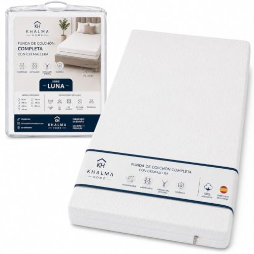 KHALMA HOME Funda Protectora para Colchón Acolchada con Cremallera | Funda Colchón de Algodón Transpirable | Funda para Colchón Antiácaros, Antichinches, Ajustable,Fabricada En España. (135 X 190)