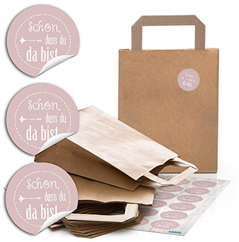 Logbuch-Verlag 24 braune Geschenktaschen Kraftpapier mit Schön, dass du da bist Aufkleber rosa Hochzeit Taufe Give-Away 18 x 8 x 22 cm