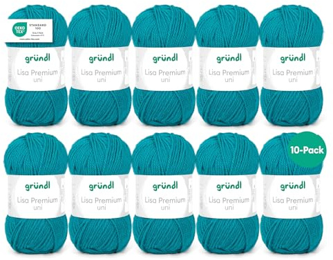 Gründl Lisa Premium Uni stick- och virkgarn (mjuk och ulliknande karaktär, lättvårdat tvättbart stickgarn tillverkat av 100% polyakryl, 50 g/133 m, nåltjocklek: 3,5 – 4,5, 10 nystan á 50 g), petrol