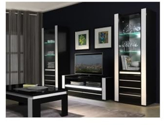 PRICE FACTORY just for you Ensemble Lina Noire et Blanche avec vitrines, Table Basse et Meuble TV + LED