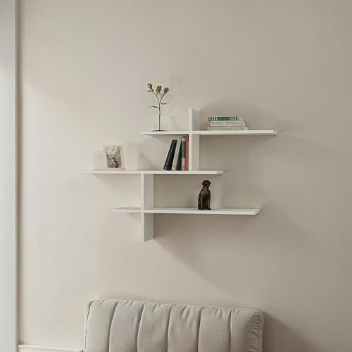 HOCUS PICUS | Leo Holz Bücherregal mit 3 Etagen | Moderner Wand Bücherschrank, Schweberegal für Wohnzimmer, Büro, Arbeitszimmer, Badezimmer | einfache Montage | 123 x 80 x 22 cm | Weiß
