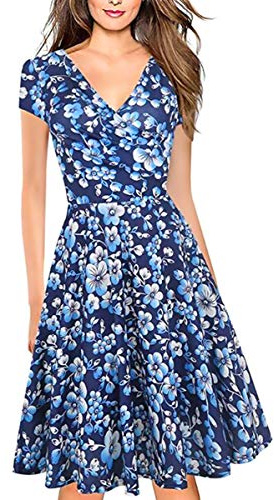 Abito Donna Blu Floreale Elegante Estivo, Vintage Vestito Rosso Chic Boho,Vestito Elegante Midi, Sexy Abbigliamento Donna Estivo, Abiti Scollo a V Sexy per Cocktail Plissettato Fluido, Party, Casual