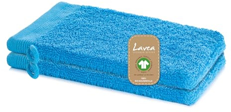 Lavea® 2er Set Waschhandschuh 16x22 cm – Himmelblau | 100% Baumwolle, weicher Frottee Waschlappen, saugstark, hautfreundlich, waschbar und strapazierfähig – Frottierserie Bali