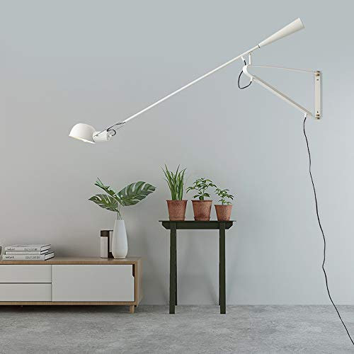 WVIVW Retro Lampada a parete/muro Industriale Ferro applique da interni Regolabile Lungo Braccio oscillante luci da muro riflettore Retro Attico imbuto paralume candeliere E27,White150x85