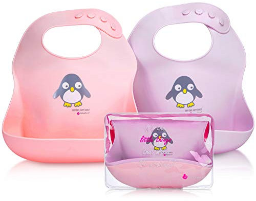 NatureBond 2 Stück Baby Lätzchen Silikon, BPA-Frei, Leicht zu Reinigen, Wasserdicht, Abwaschbar, 4 Einstellbare Pegel, Warme Farbe Sanft Lätzchen Silikon mit Auffangschale für Junge, Mädchen