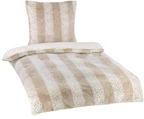 BaSaTex Winter Plüsch Flausch Bettwäsche Bett Garnitur 2-teiliges Set|155x220 cm + 80x80 cm | Schnee Leopard | Chinchilla Fellimitat | Weiß Beige Grau