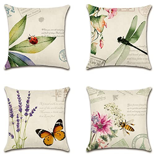 Artscope wasserdichte Kissenbezugen, 4 Stück Insekten und Pflanzen Kissenhülle Atmungsaktiv Kissen Fall für Outdoor Balkon Terrasse Patio Garten Bauernhaus Dekor 45 x 45cm